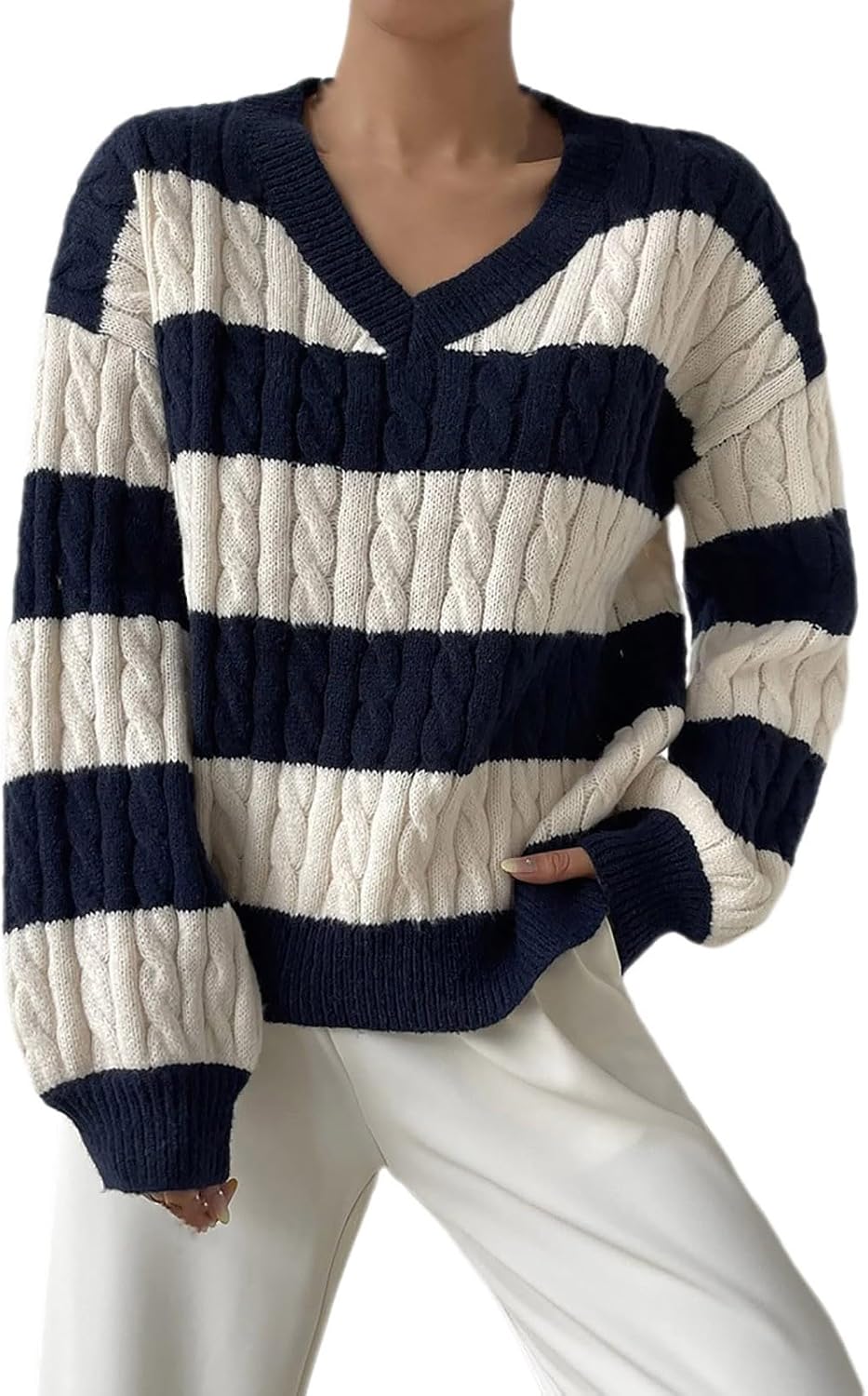 Sweaters for Women Long Sleeve V Neck Striped Knit Drop Shoulder Fall Jumper 2024 Fashion Casual Knitwear Pullover