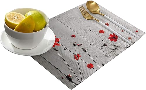 Miniatura 2 de MACONAA Juego de 6 manteles individuales con diseño de flores de amapola rojas para mesa de comedor, color gris, rústico, de lino de algodón, para
