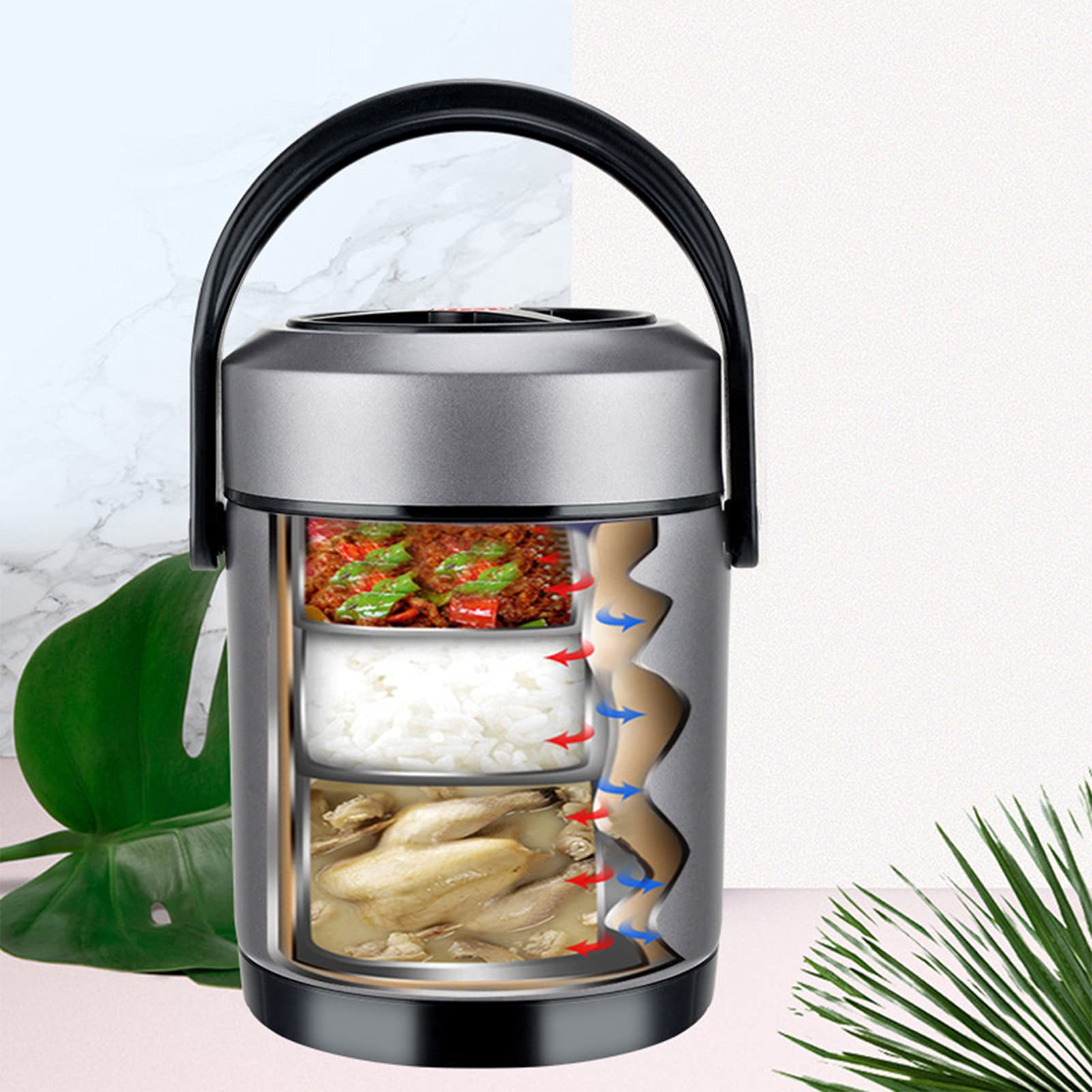 Acero Inoxidable 2.6L Termo De Alimentos Cuadrícula De Tres Niveles Conservación De Gran Capacidad, Adecuado para Trabajadores De Oficina, Estudiantes, Niños, Ancianos, Etc,B,2.6L