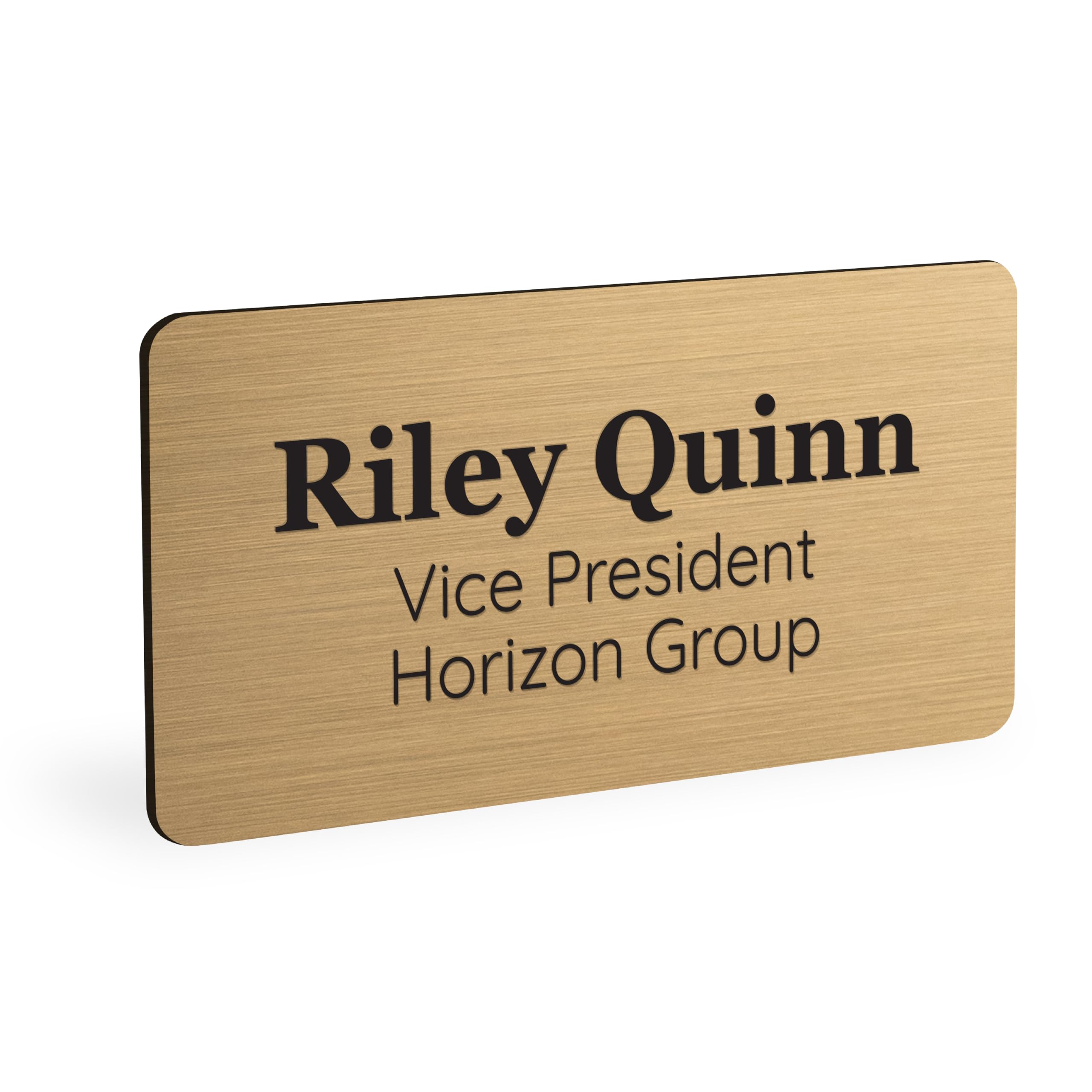 ExcelMark Custom Name Tag - Engraved Name Badge with Pin or Magnetic Backing, 16 Colors, 6 Fonts, and 2 Sizes to Choose from (Gold w/Black Letters,