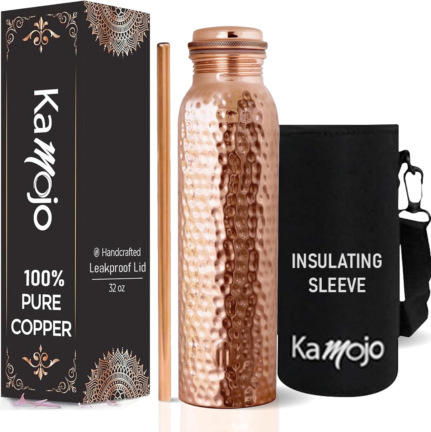 Copper Water Bottle for Drinking - Hammered 100% Pure Copper Tumbler Cup with Leak Proof Lid, Removable Insulating Sleeve & Straw - Handcrafted Ayurvedic Cup for Water 32 fl oz