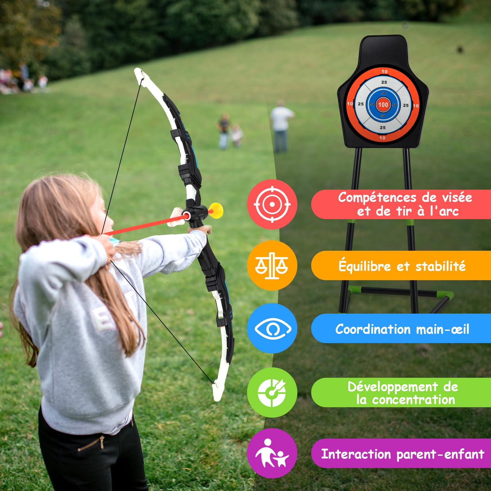 COSTWAY Arc et Flèche pour Enfants avec Lumières LED, Ensemble de Tir à l'arc avec 20 Flèches, 1 Cible Debout/Suspendue et 2 Carquois, Jeu de Tir Intérieur Extérieur pour Garçons Filles de 3 Ans+