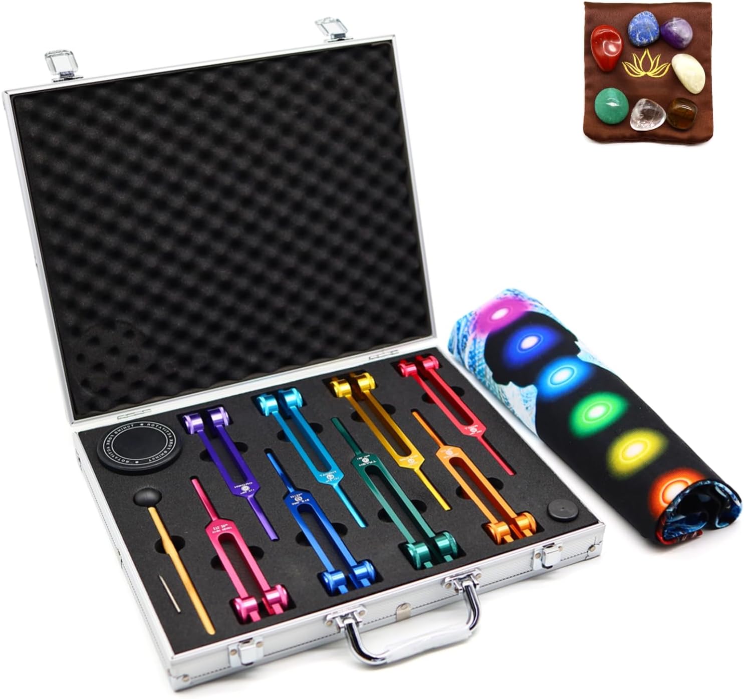 Chakra Tuning Fork Set with Crystals, Weighted Tuning Forks for Sound Therapy, DNA Repair, Meditation, Reiki, Includes Activator, 7 Chakra Tools for Yoga Spiritual Healing