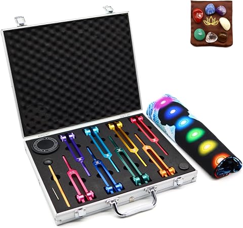 Chakra Tuning Fork Set with Crystals for Sound Therapy and Meditation