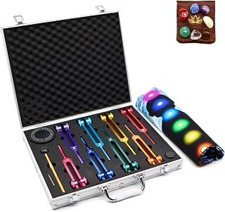 Chakra Tuning Fork Set with Crystals, Weighted Tuning Forks for Sound Therapy, DNA Repair, Meditation, Reiki, Includes Activator, 7 Chakra Tools for Yoga Spiritual Healing