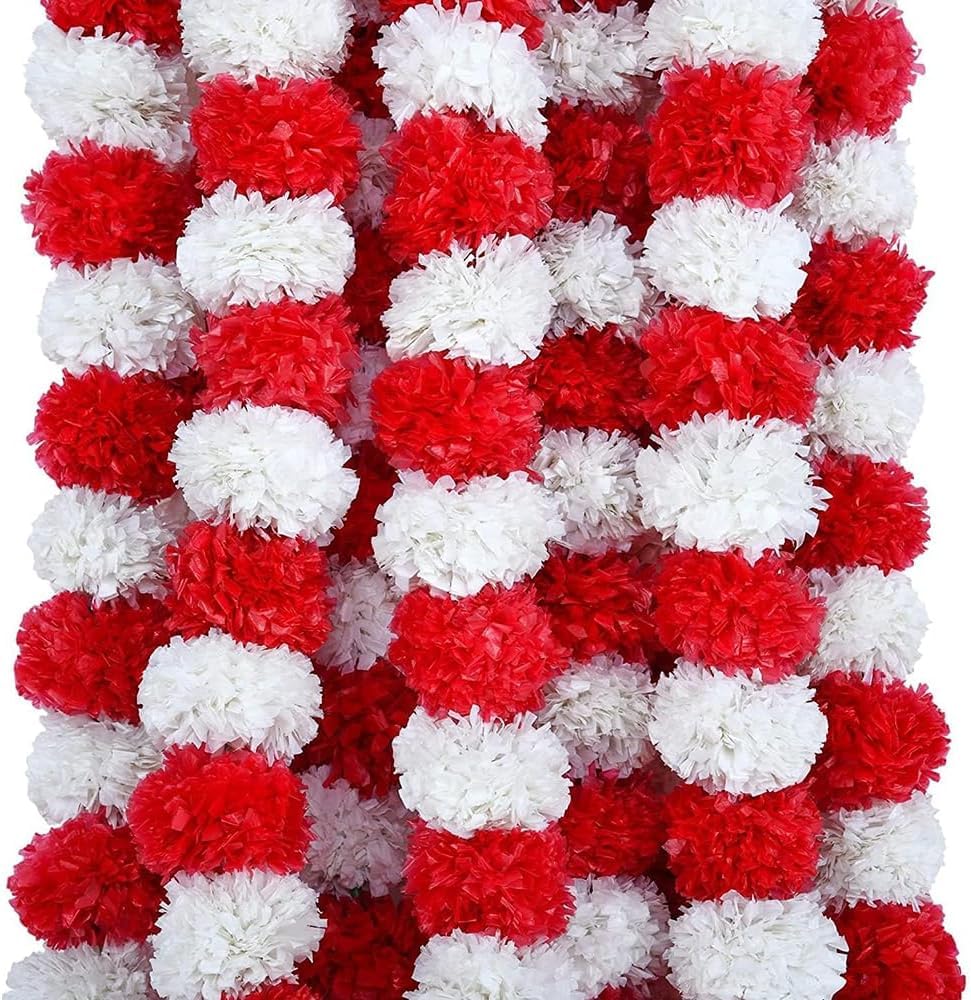 ONE BEST DEAL OBD 5 x Artificial Marigold Flowers Faux Garland Flowers 5 Feet Indian Marigold Garland for Diwali Pooja Decoration Traditional Wedding Home Mehndi Decor & Outdoor Party (Red and White)