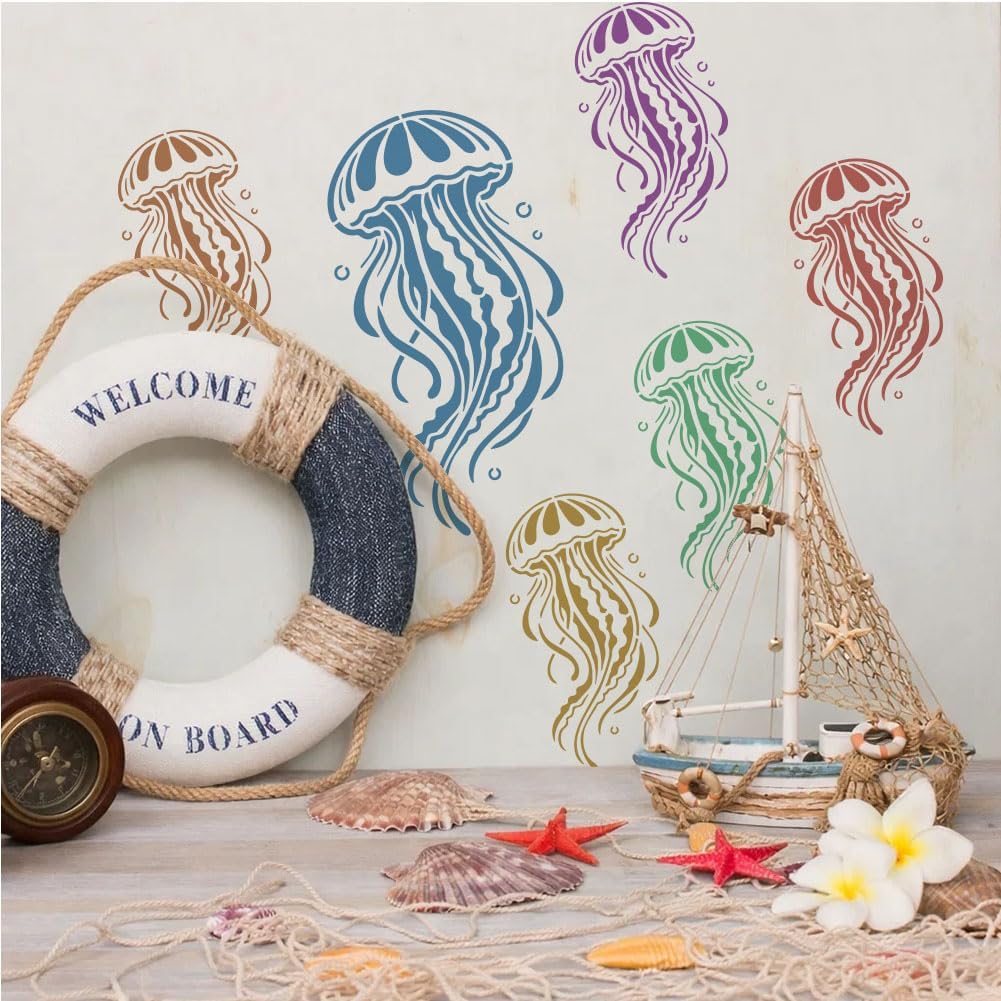 FINGERINSPIRE 10PCS Marine Organisms Stencils with Paint Brush 10 Styles Marine Creatures Patterns Tempplate Ocean Animals Tempplate for Painting on Wood Wall Fabric Furniture DIY Home Decoration