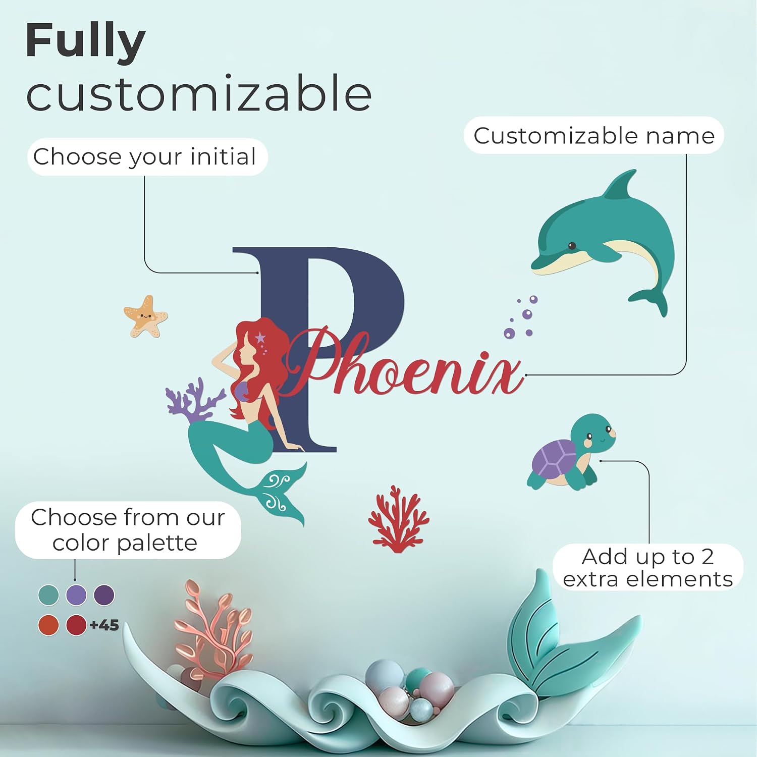 EGD Multiple Font Name & Initial Little Mermaid Wall Decor | Girls Room Decor | Mermaid Birthday Decorations | Name Wall Decor | Mermaid Decorations | Wall Decal | Multiple Size and Color Options