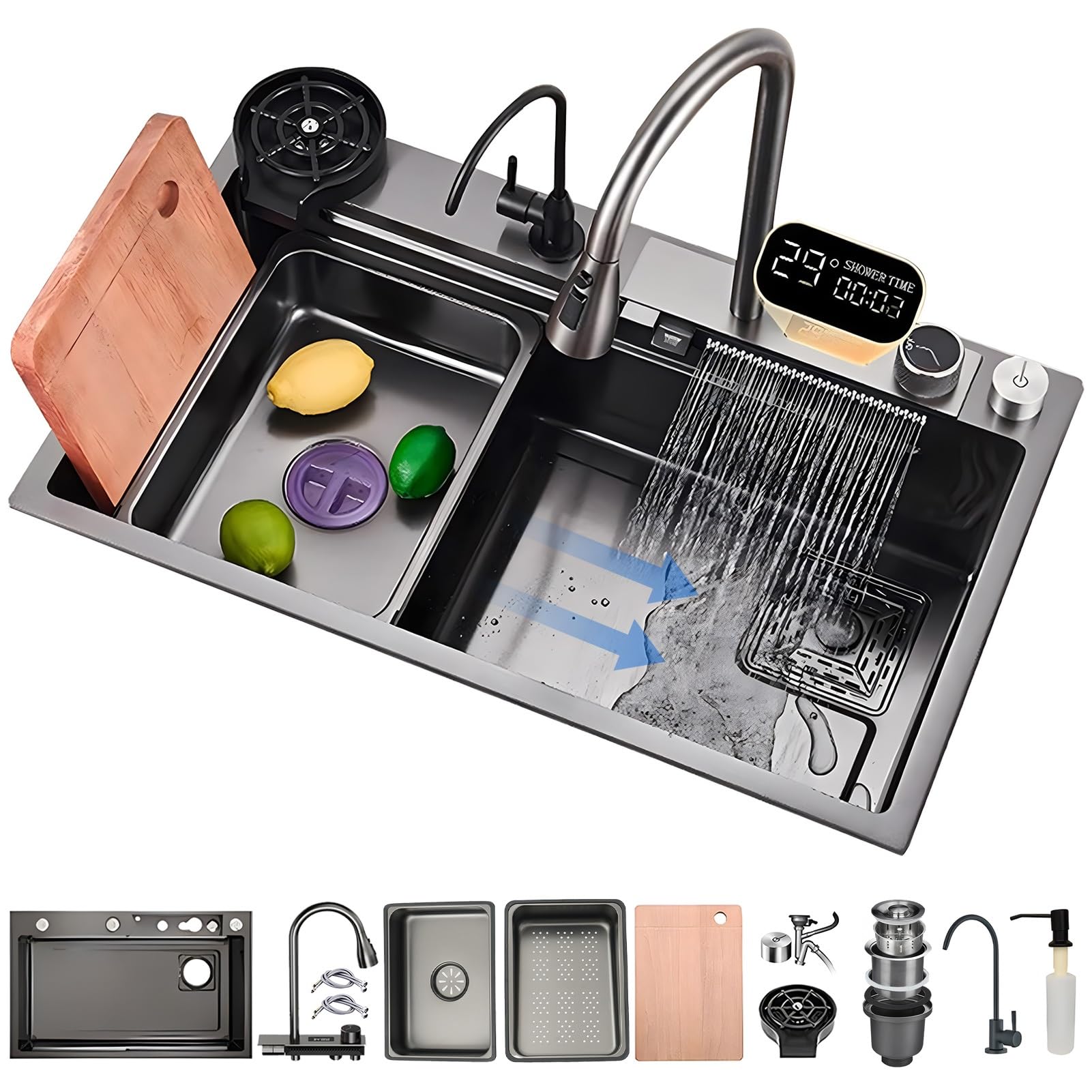 Robinet de cuisine multifonctionnel tactile avec cascade et écran