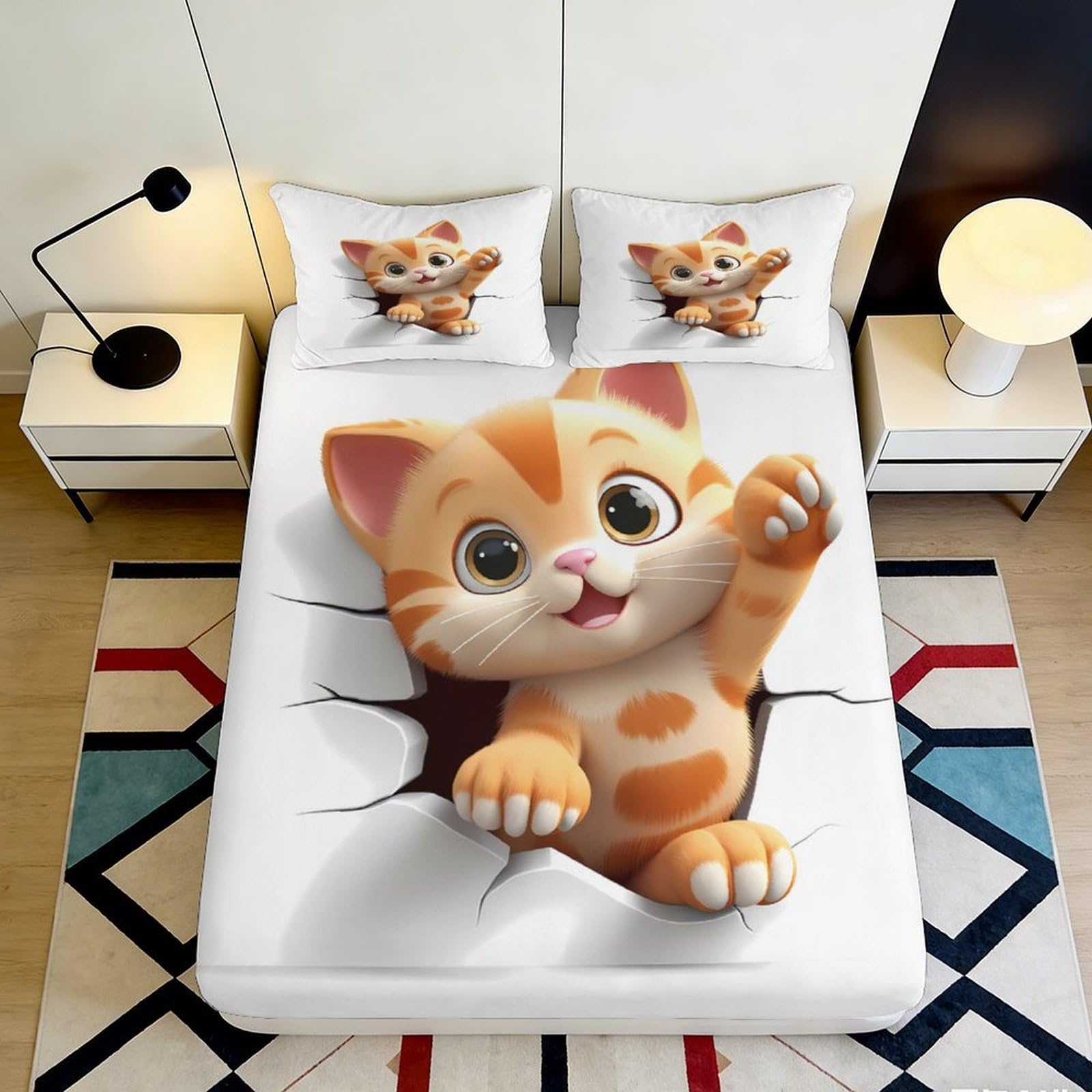 3D Printed Orange Cat Fitted Sheet Microfiber Soft Cartoon Kitten Bed Cover Anti-Slip Easy Care for Bedroom Dorm Home 90x200x25cm