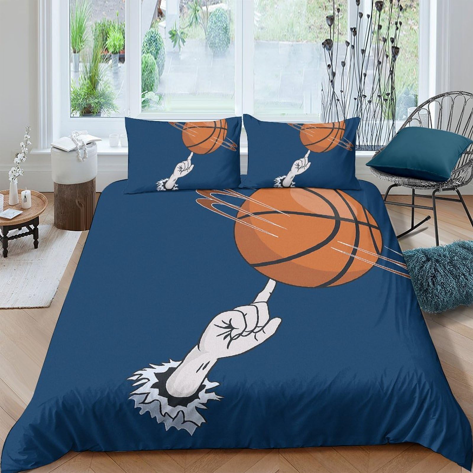 GPLZQXKJNH 3D Printed Basketball Sports Duvet Cover Microfiber Blue Bedding Set with 2 Pillowcases for Bedroom Decor Single（135x200cm）