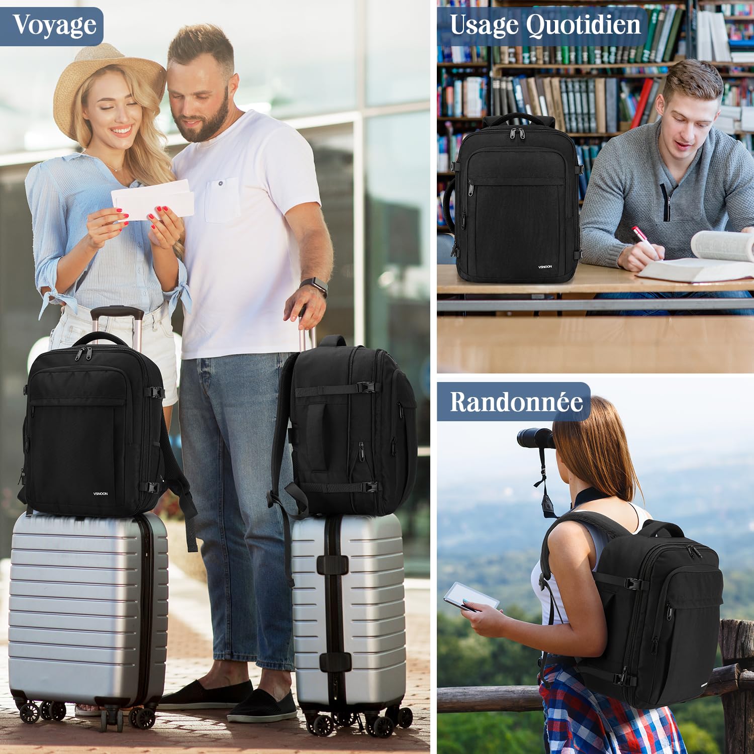 VSNOON Sac de Voyage, Sac à Dos Cabine Avion Extensible 24L-30L, Bagage Cabine 40x30x20 avec Poche Humide pour Ryanair EasyJet Wizz & Transavia, Sac à Dos Ordinateur 15 Pouces Imperméable, Noir