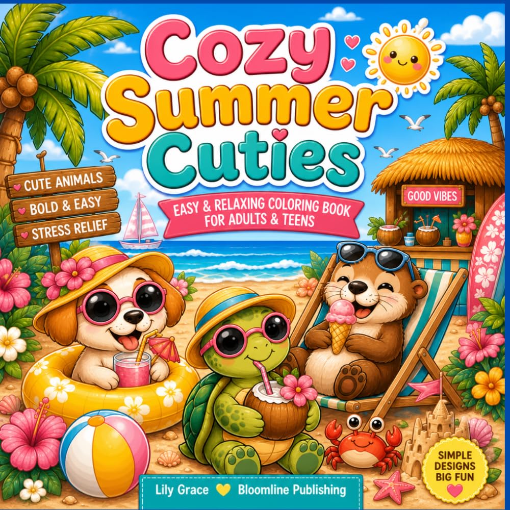 Cozy Summer Cuties: Easy & Relaxing Coloring Book for Relaxation with Adorable Animal Friends (Cute & Bold & Easy Coloring)