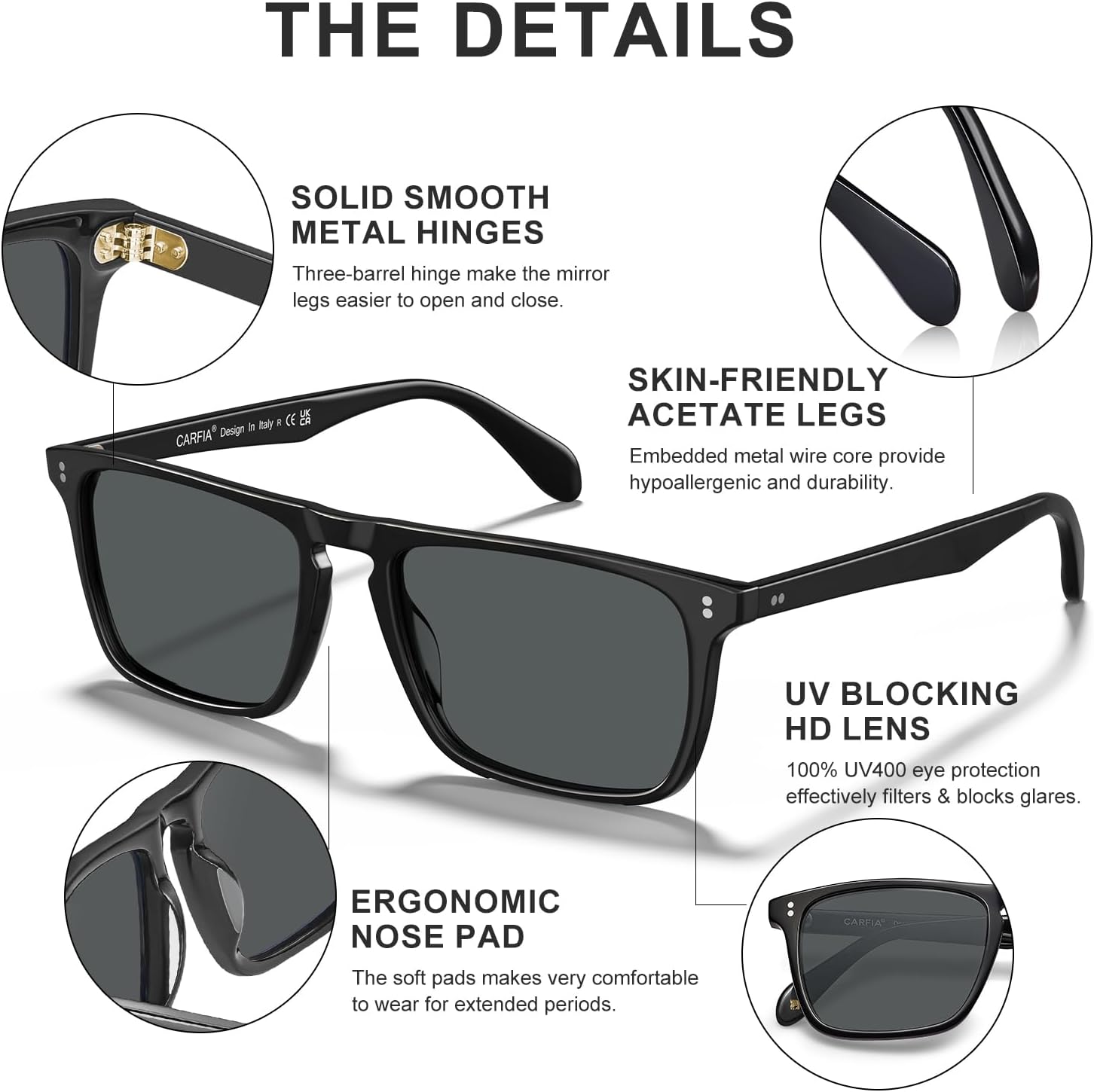 CARFIA Retro Polarized Sunglasses for Men UV Protection Hand-crafted Acetate Frame Fashion Cool Sun Glasses CA53572 - Image 5