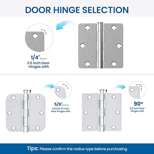 Miniatura 8 de HOSOM Paquete de 6 bisagras de puerta de níquel cepillado de 3.5 pulgadas con radio de 14, bisagras de puerta interior de níquel satinado
