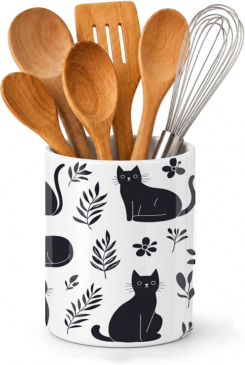 Funny Black Cat Utensil Holder for Countertop,Flowers Plants Ceramic Utensil Crock Organizer for Home Kitchen Spoons,Spatulas and Cooking Tools