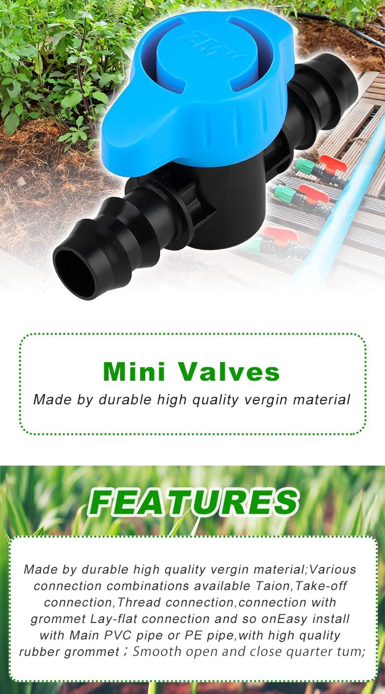 Pro Grade 16mm Drip Irrigation 1/2 inch Barbed Valve, Drip Line Parts 1/2" Shut Off Valve Fits for 1/2 Inch Drip Irrigation Tubing (.570-.620" ID) for Drip or Sprinkler Systems (50)