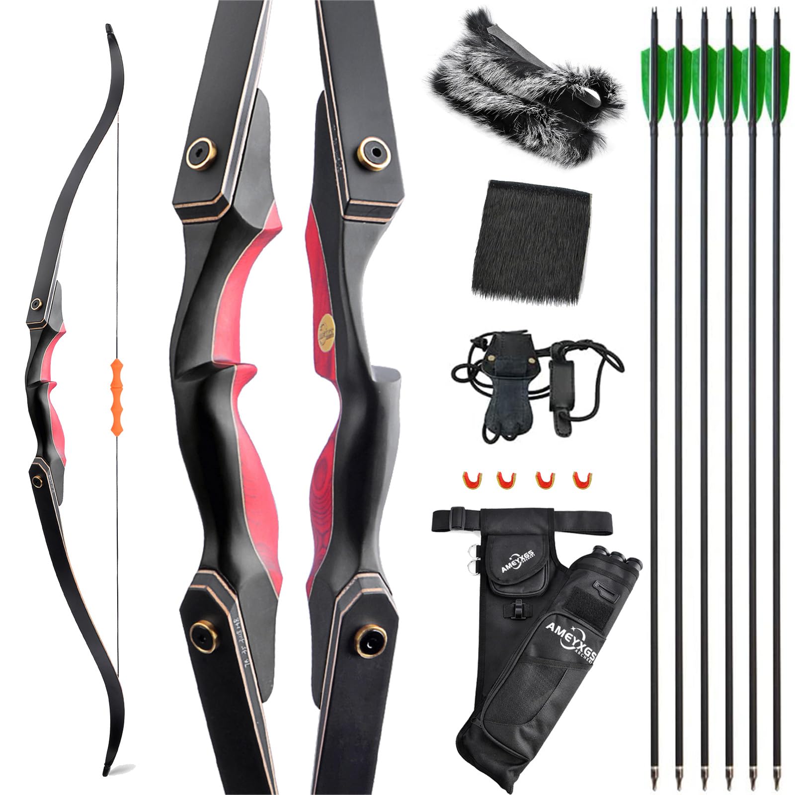 60" Set Arco E Frecce Adulto 25-60lbs Legno Colorato Ricurvo Archi Set per Il Tiro All'aperto E La Caccia Al Bersaglio (Rosso, 25lb)