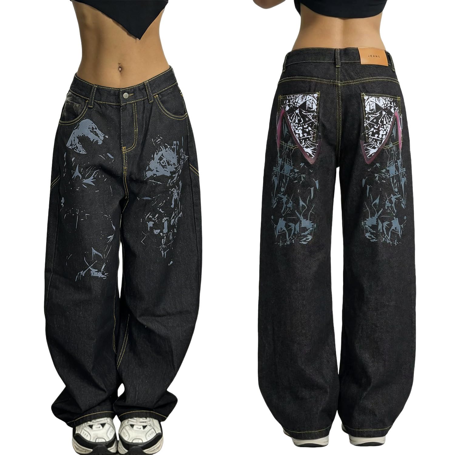 ORANDESIGNE Jeans Baggy Donna Harajuku Jean Lettera Stampa Denim Pantaloni Gamba Dritta Vintage Hip Hop E-Girl Streetwear