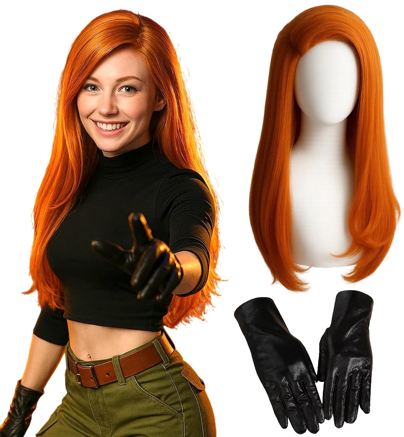 Swooflia Orange Straight Wig for Women & Cosplay Accessories - Convenient Set Includes Adjustable Wig Cap, Gloves, Cosplay Wig for Halloween, Costume, Party and Daily Use (Wig2-11)