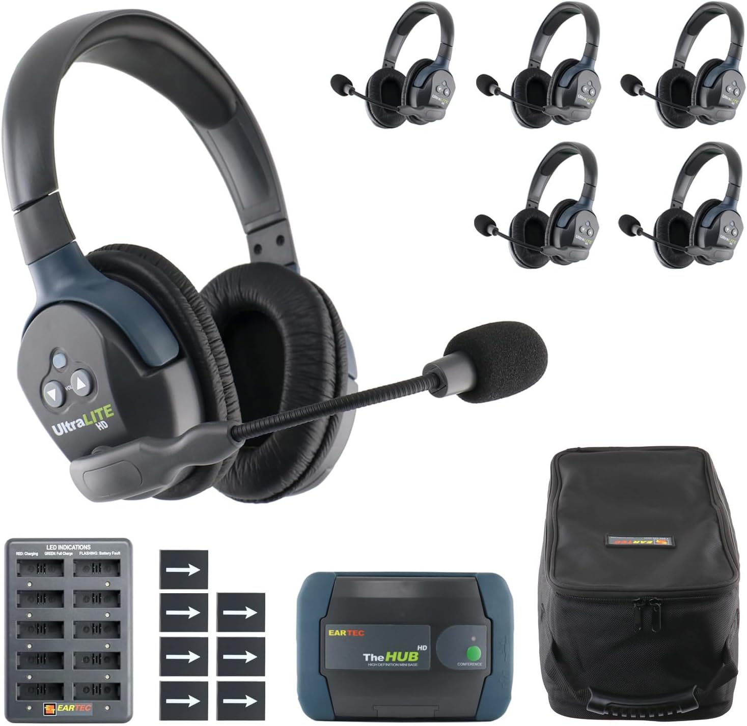 - Eartec HUB6D Ultralite-HD 6 Person Full Duplex Wireless Intercom Headset Communication System, Dual Ear Headsets, Up to 1000ft Range, U.S. Company