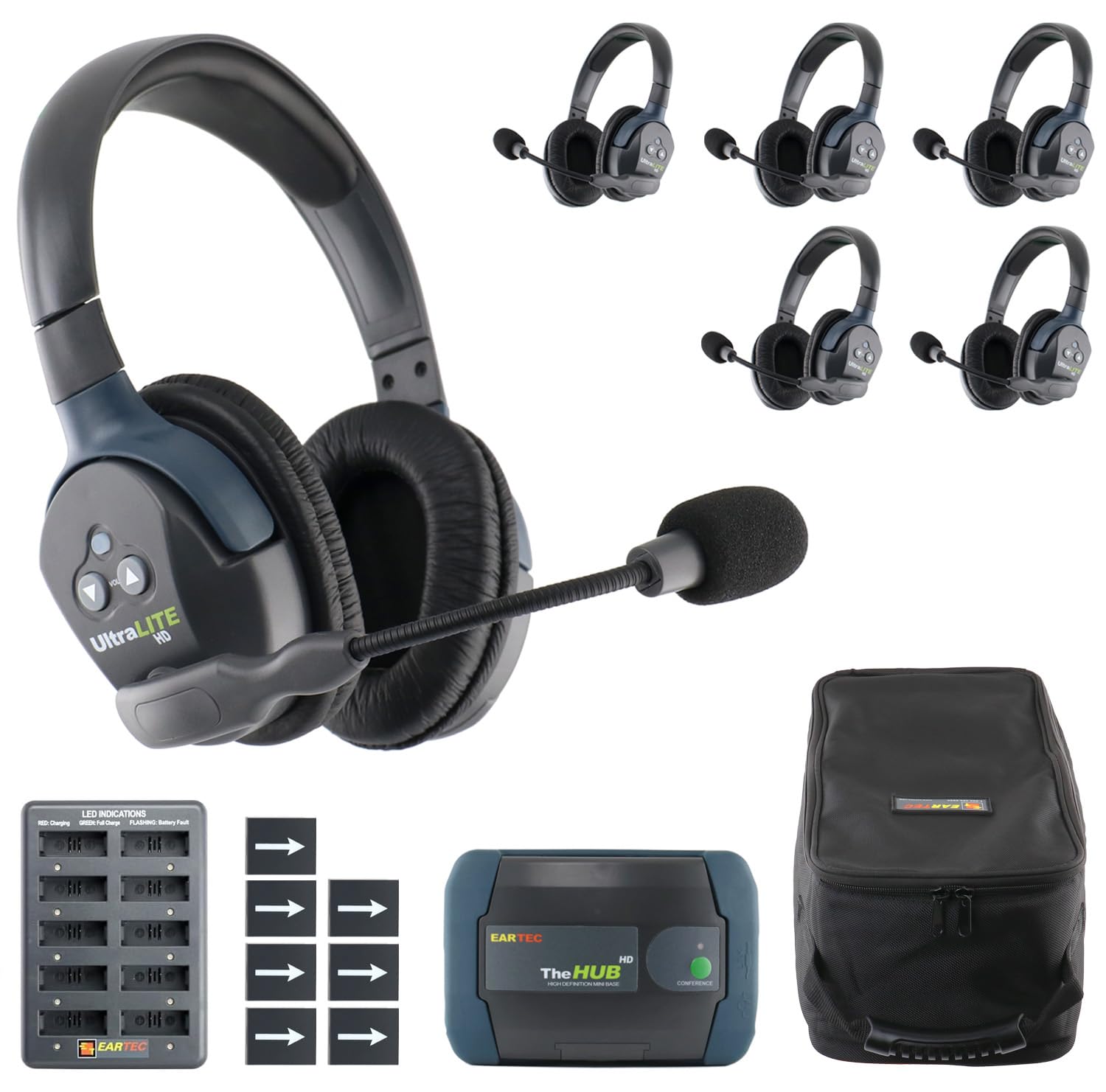 Eartec HUB6D Ultralite-HD 6 Person Full Duplex Wireless Intercom Headset Communication System, Dual Ear Headsets, Up to 1000ft Range, U.S. Company