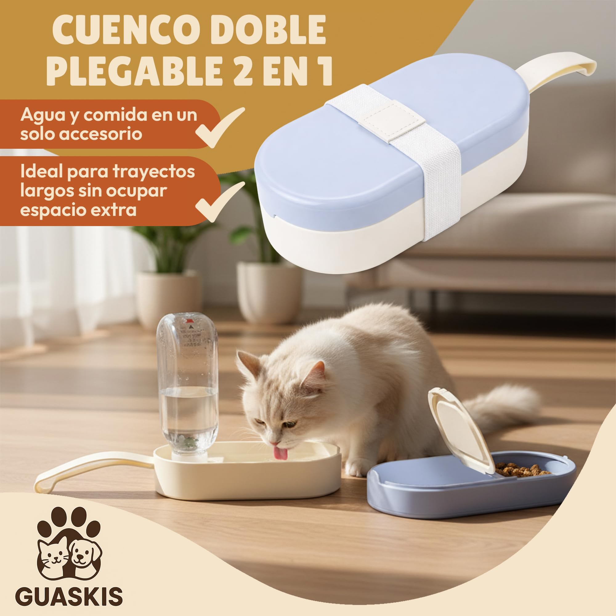 Transportín para Gato Apto para Avión – Bolsa Blanda y Plegable hasta 8 kg con Asa y Correa – Ideal para Viajes y Coche. Incluye Botella Agua Perro 2 en 1