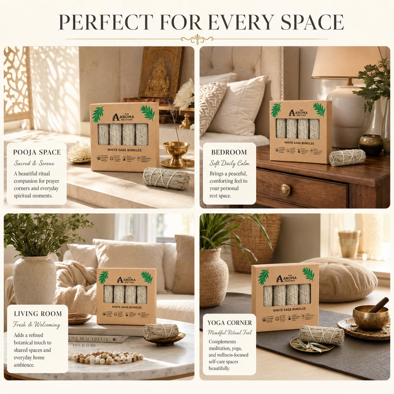 The Aroma Factory Natural White Sage Dry Leaves Smudging Sticks Bundles (6 Inch x 30g Each) Removes Negativity, Aura Cleansing, 1 Box (White Sage, Pack of 4) 4