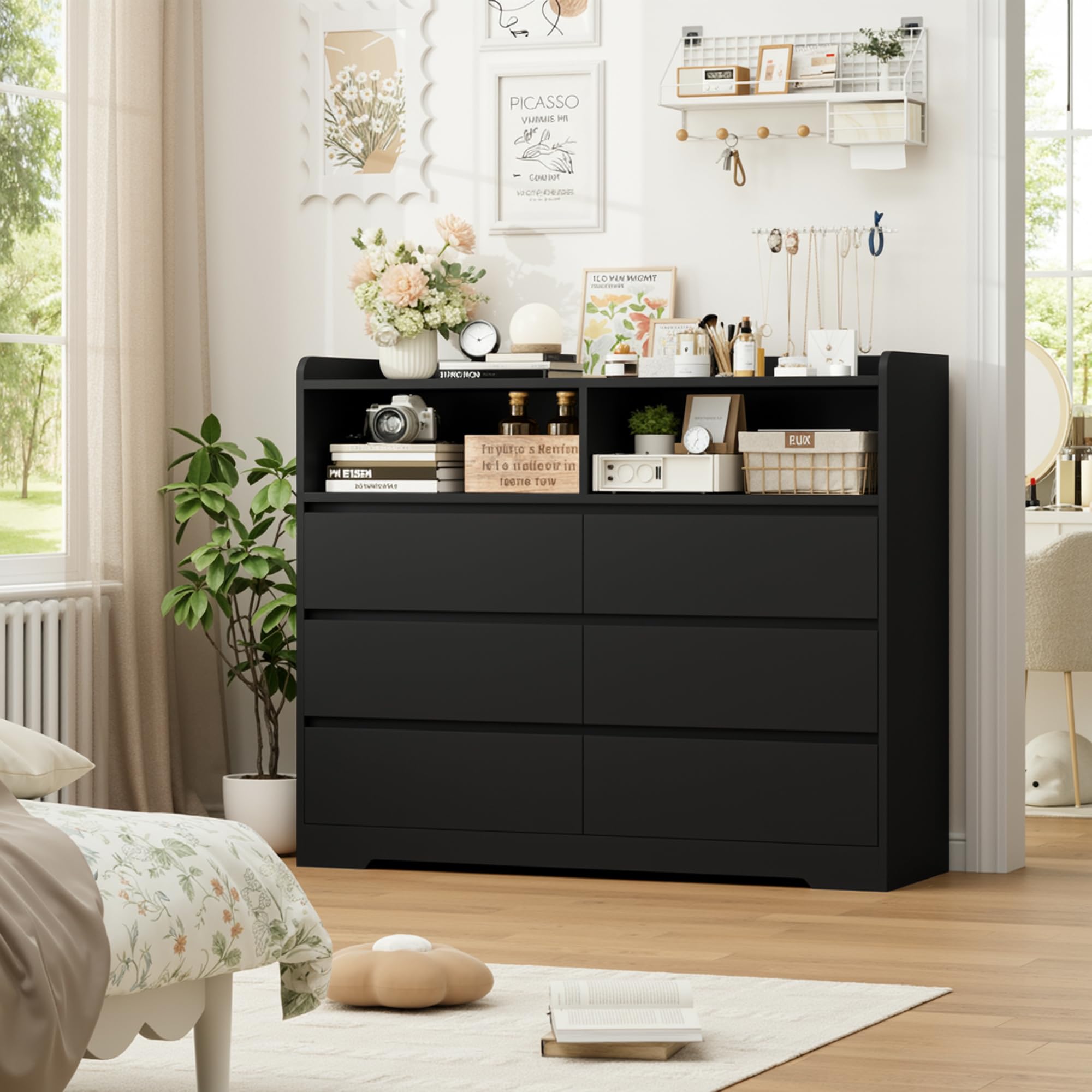 FOREHILL Cassettiera Camera da letto, Cassettiera con 6 Cassetti, Comò con 2 Scomparti Aperti Moderno, per Camera da Letto, Corridoio, Soggiorno, Ufficio, 120x40x100cm (Nero)
