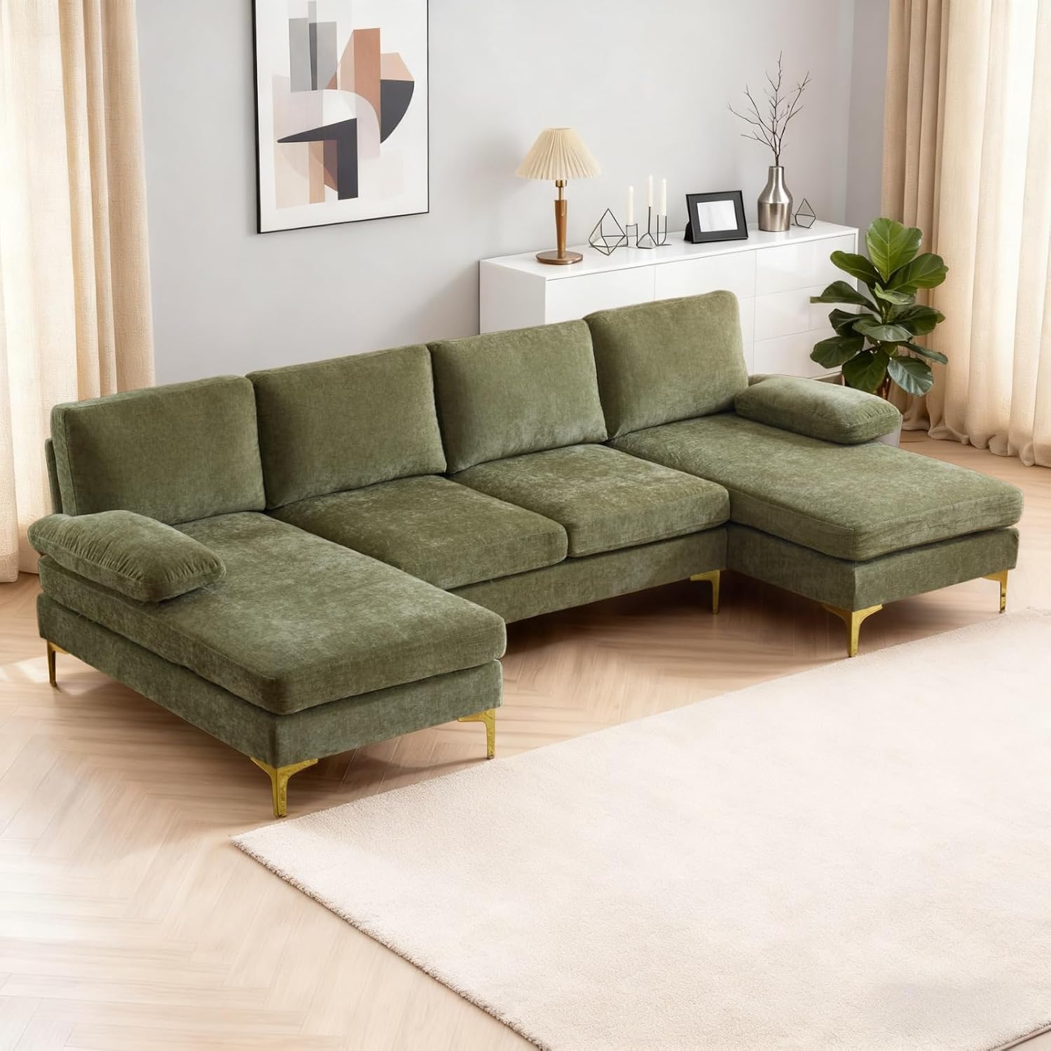 Karl home Convertible Sectional Sofa 110" U-Shape Sofa Couch 4-Seat Couch with Chaise Fabric Upholstered for Living Room, Apartment, Office, Black