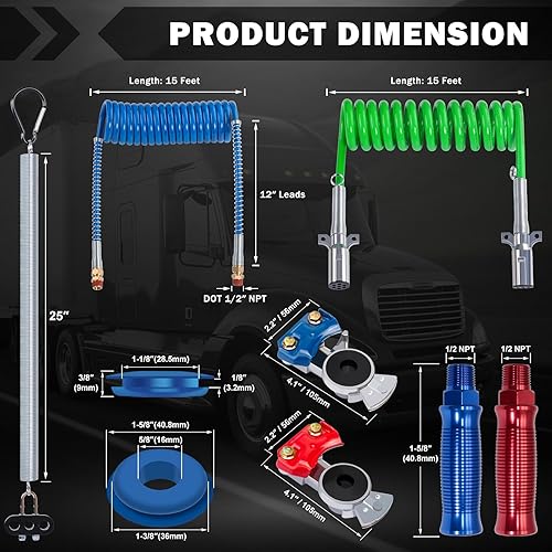 Miniatura 7 de Mangueras de freno de aire en espiral de 15 pies y conjunto de cable de alimentación eléctrica ABS con kit de resorte tierno y Gladhands y asas, kit