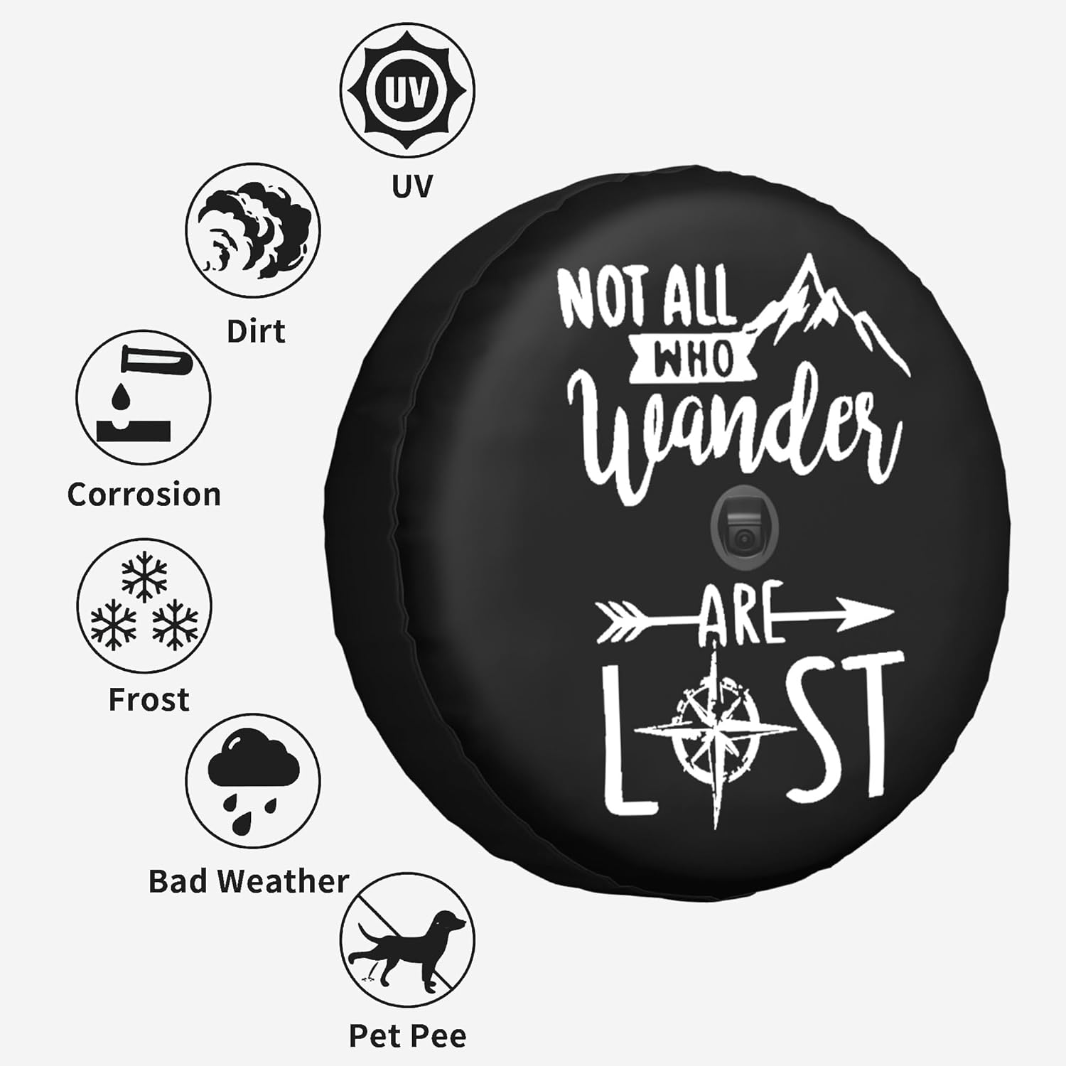 Not Who Wander are Lost Spare Tire Cover with Backup Camera Hole Compass Rose Leather Wheel Cover for Wrangler JL, Sport & Sahara (2018-2025)