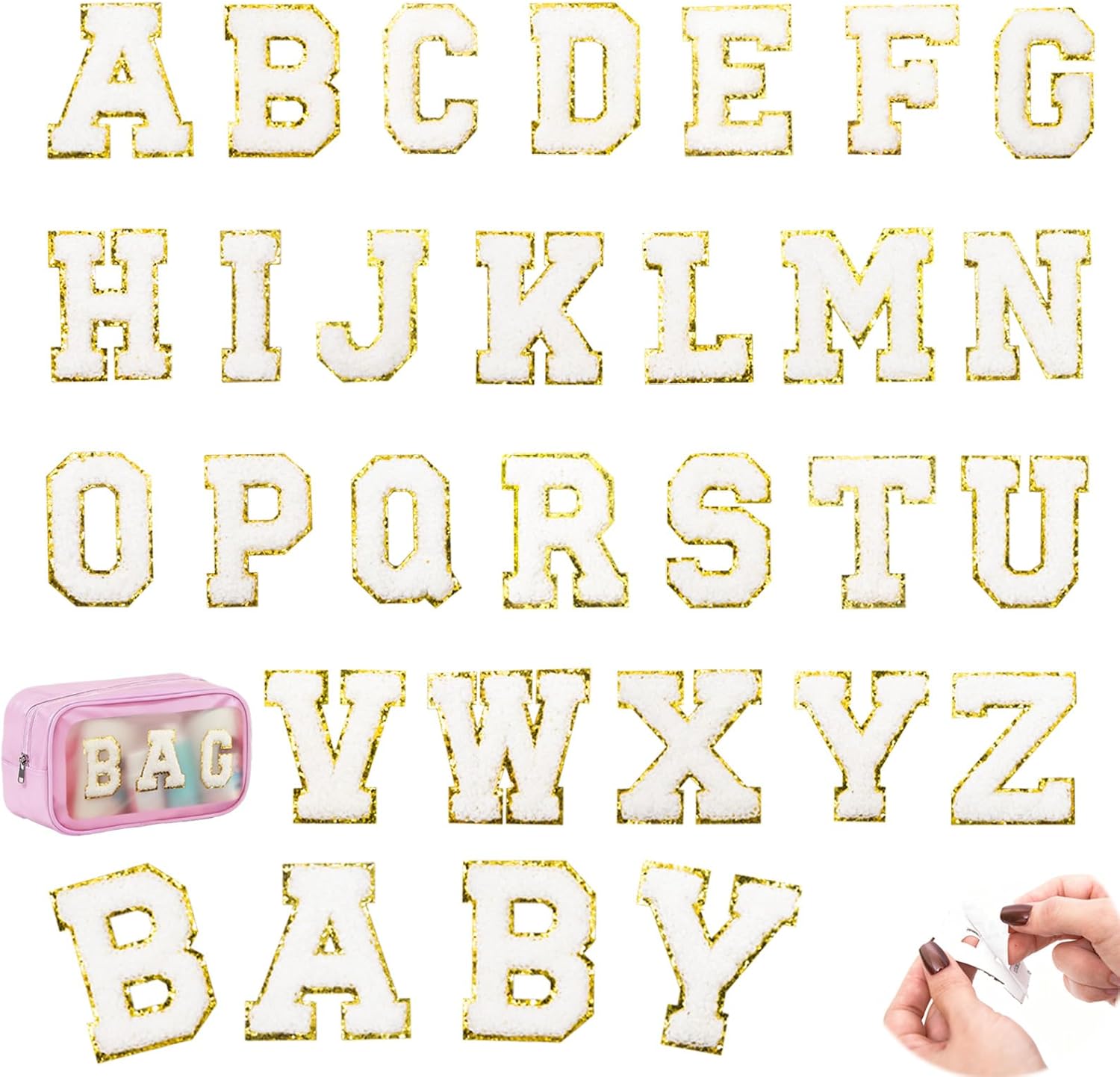 26pcs White Chenille Letter Patches A-Z - Self-Adhesive Varsity Appliques with Gold Trim for Jackets & DIY