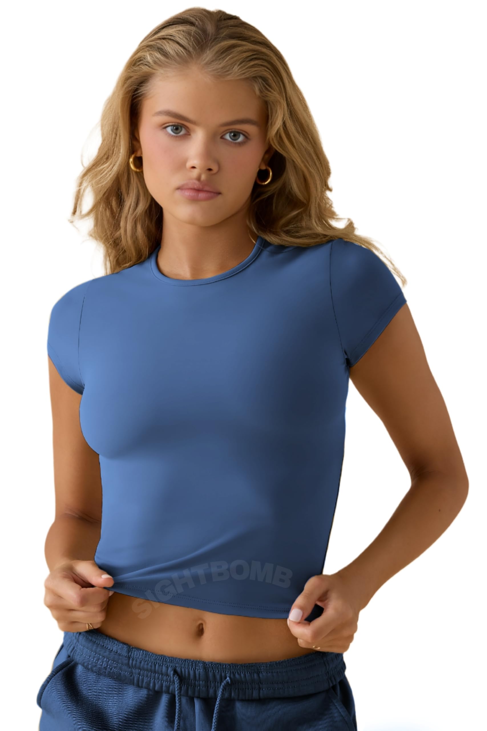 SIGHTBOMB Round Neck Short Sleeve Ultra Soft Front Support Cuddle TEE Microfiber Soft TOP for Women