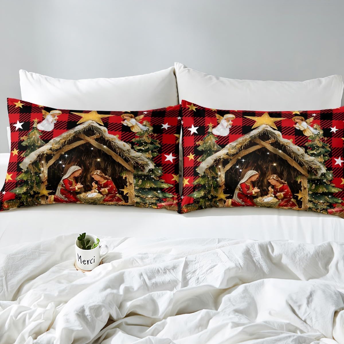 Erosebridal Christmas Decor Bedding Set New Year Night Nativity Scene Duvet Cover Twin, Christmas Tree Comforter Cover Rustic Buffalo Grid Bed Cover(No Cmforter)