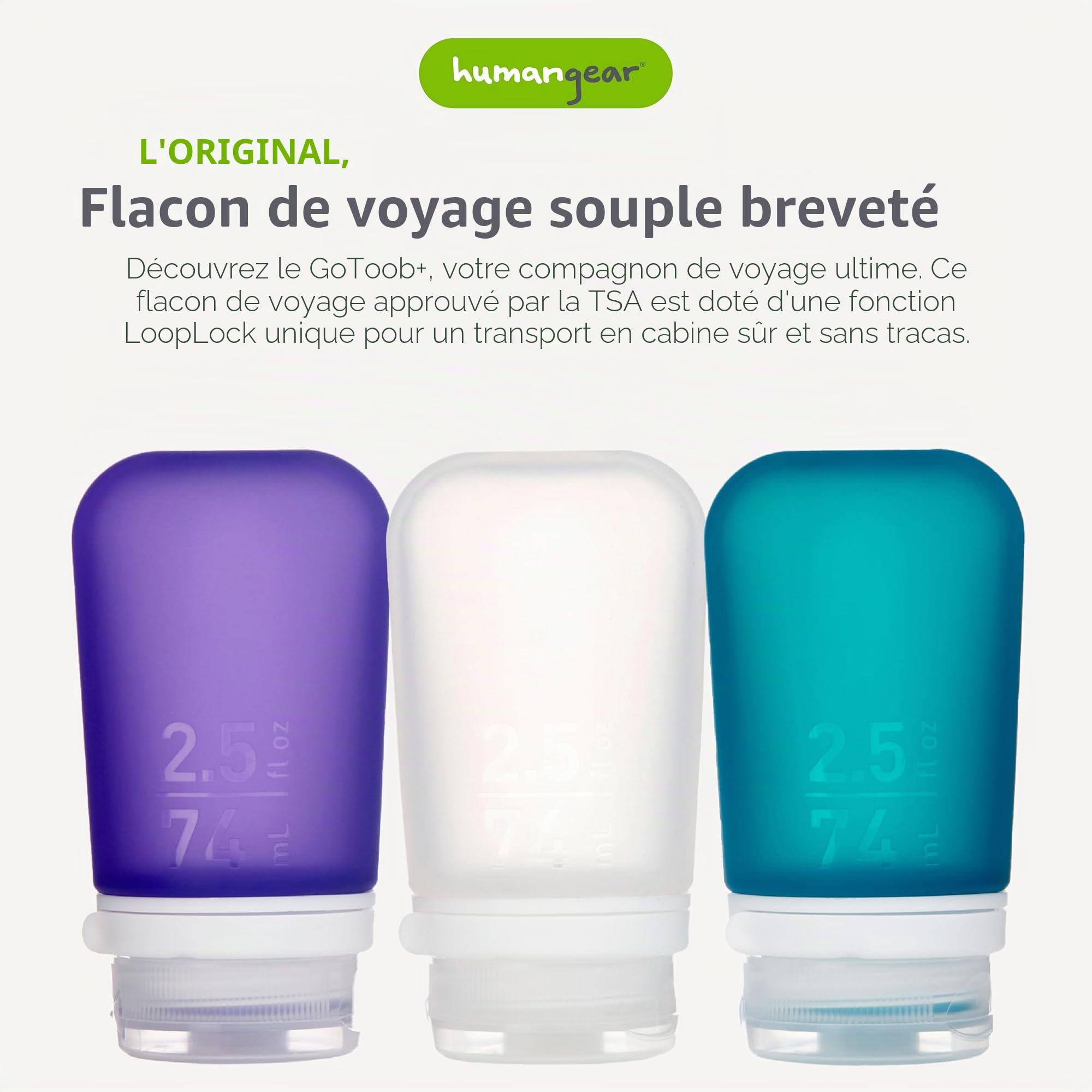 humangear GoToob 071003 Lot de 3 Paquets de 74 ML Transp./Violet/Turquoise 60 x 35