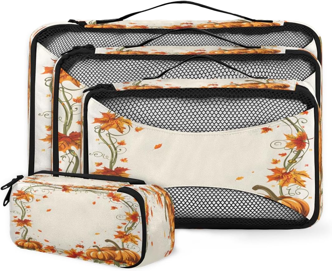 Pumpkin Maple Leaf Print 4 Set Packing Cubes Packing Cubes for Women Lightweight Travel Essential Bag Clothes Carry on Suitcase Bags for Accessories Essentials