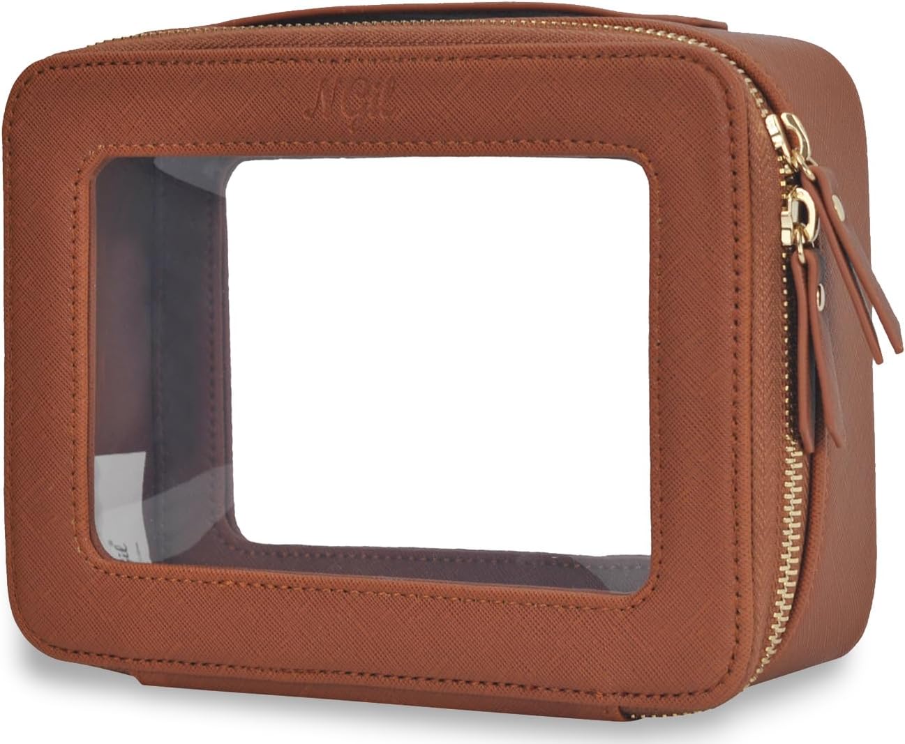 NGIL Clear Faux Leather Travel Toiletry Bag, Makeup Bag Organizer for Women, Clear Window & Gold Zipper Makeup Bag, Road Trip Essential, Skincare, Cruise Ship Essentials (Brown)