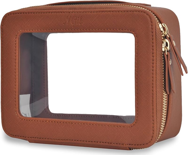 Necessaire de viagem NGIL em couro sintético transparente, marrom, com janela transparente e zíper dourado