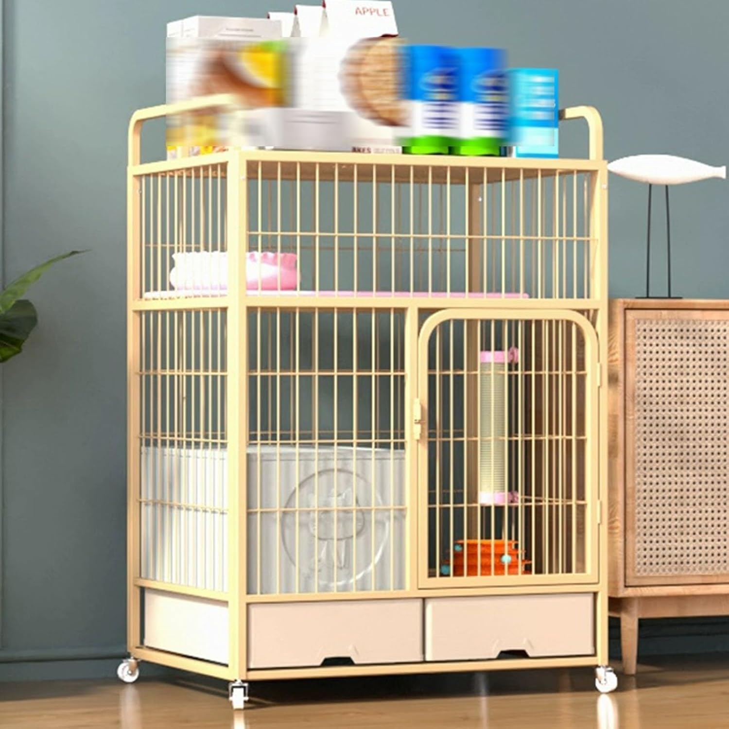 Cat Playpen, Generic Catss Cages Indoor with Litter Box and Drawer, Cat Patio Enclosure Outdoor, Large Space Cats House, for 1-3 Cats(Gold,129cm/50.7in)