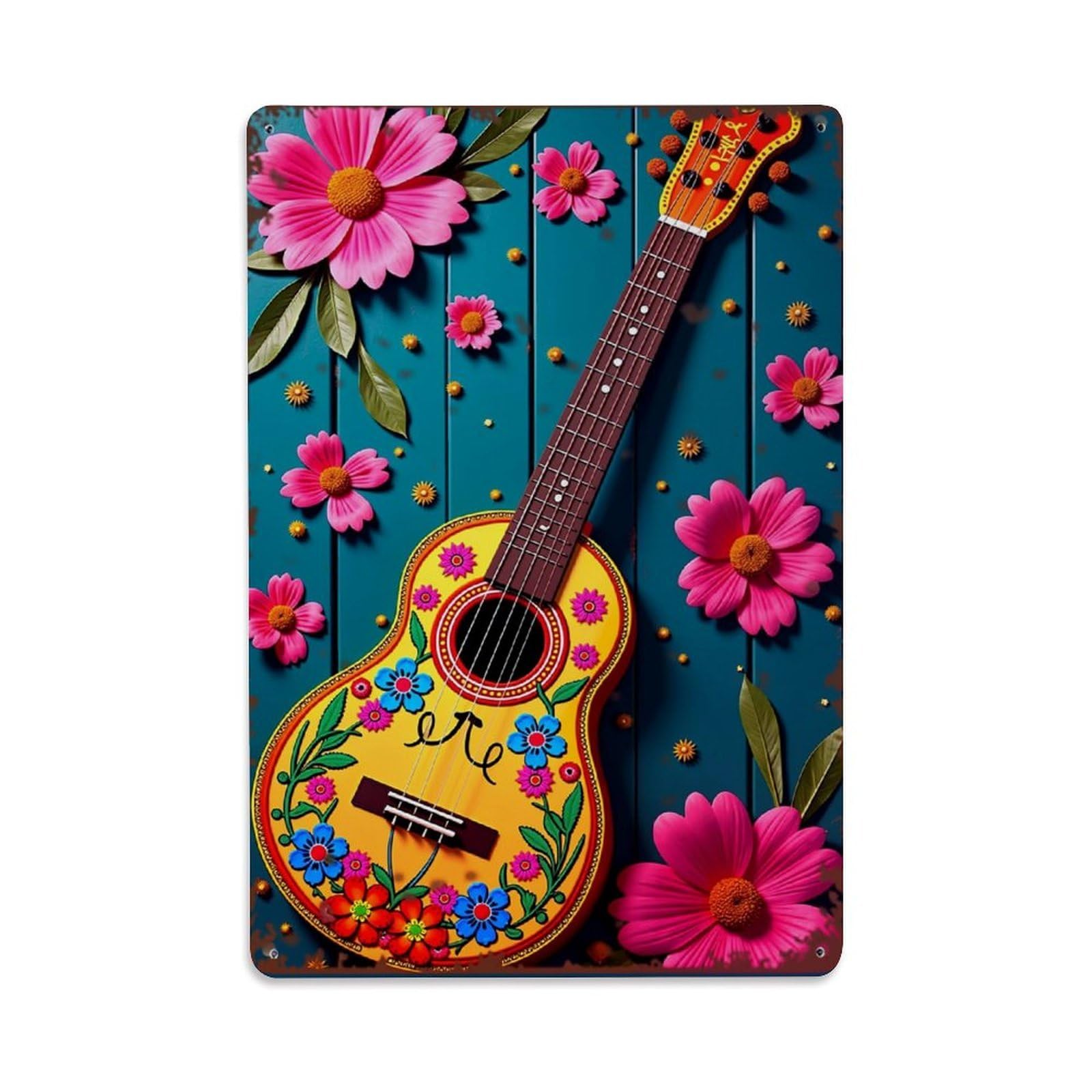Nestemfo Vintage Floral Pattern On Guitar Body Tin Sign Metal Sign, Living Room,Bar, Home, Bedroom Wall Decor,Retro Metal Poster 8X12 Inches
