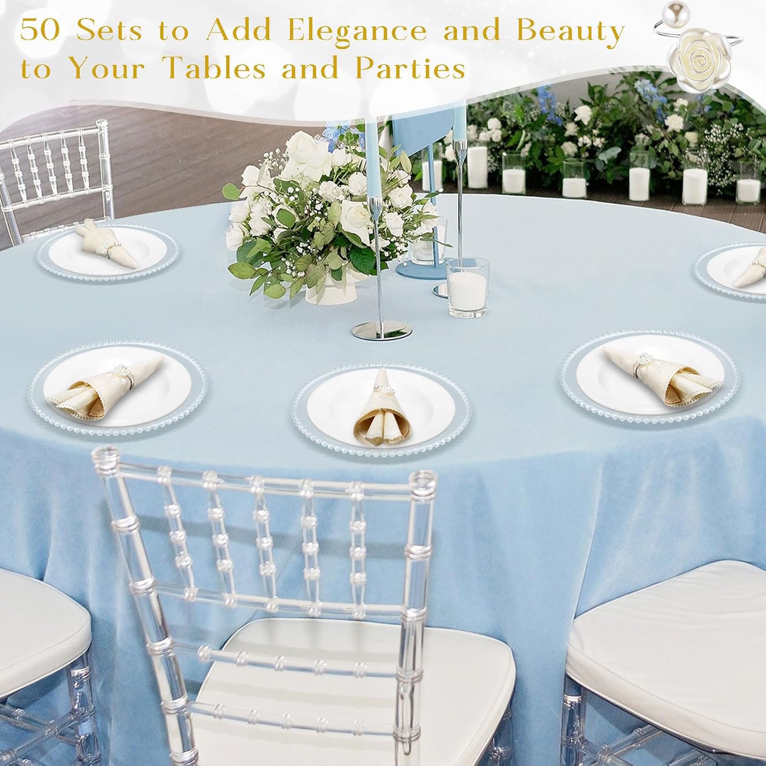 Tioncy 50 Set Clear Silver Charger Plates and Napkin Rings Bulk Beaded Charger Plates 13 Inch Plastic Round Table Decoration for Dinner Wedding Party Event