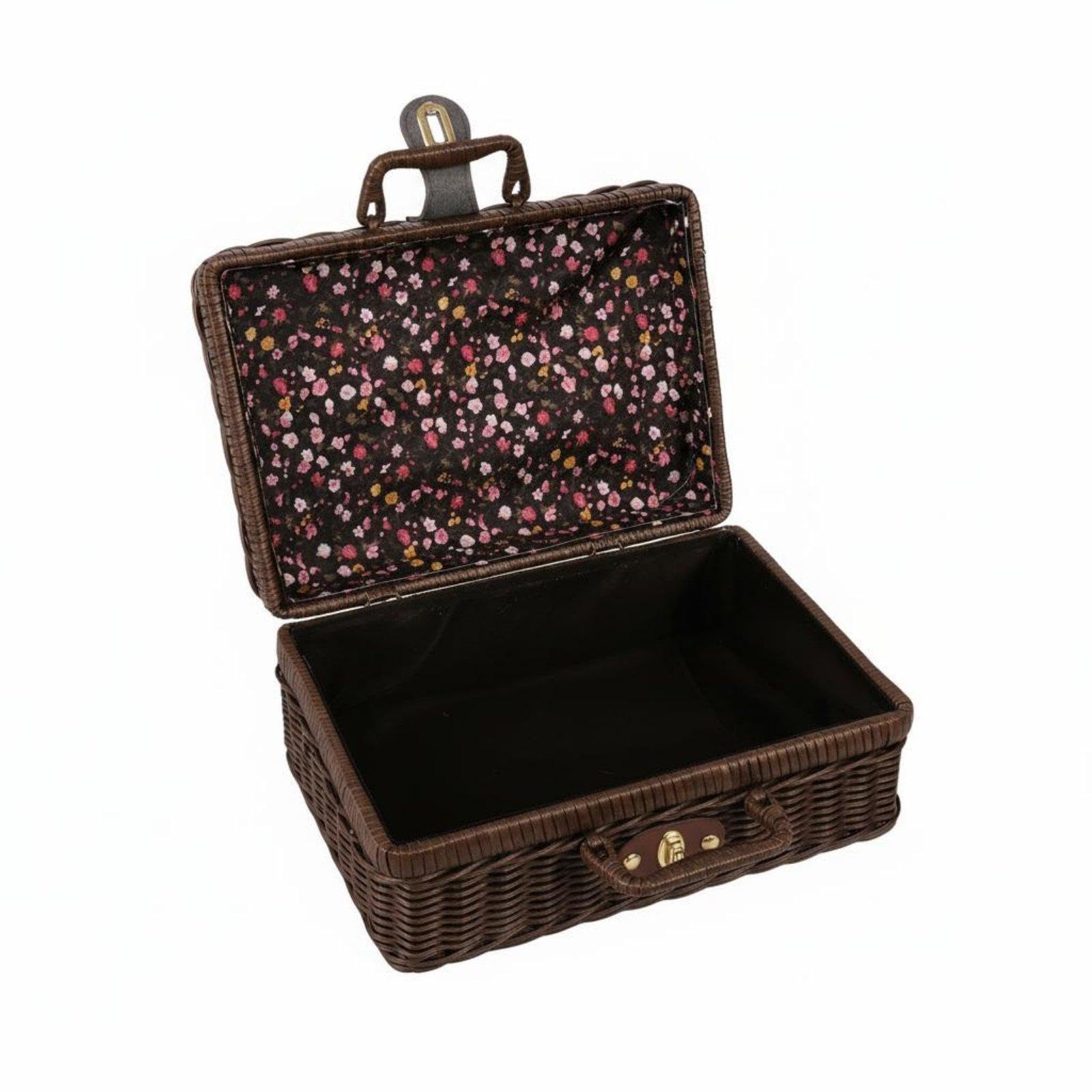 Meadawgs®Vintage Design Suitcase with Handle Woven Suitcase Artisanal Appearance Vintage Design Storage Trunk for Bridesmaids, Women, Wedding, Photoshoot Prop 22-17-11cm Black Brown Floral|Travel-image-19