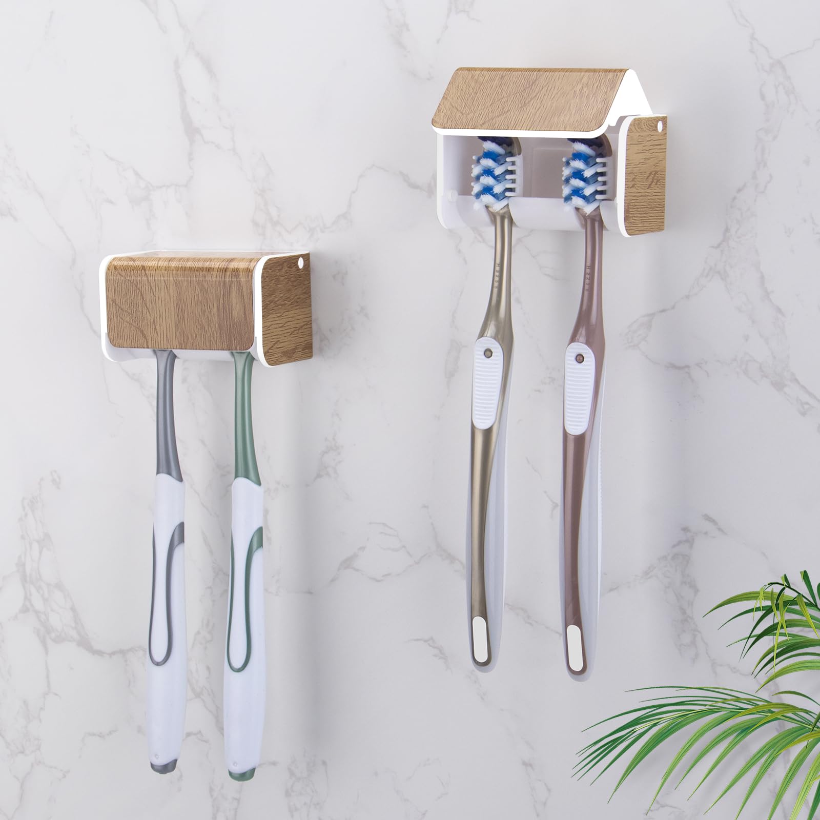 PARKMANI 2pcs Toothbrush Holders for Bathroom, Electric Toothbrush Holder Wall Mounted, Waterproof Self Adhesive Toothbrush Caddy for Family (Wood Grain)