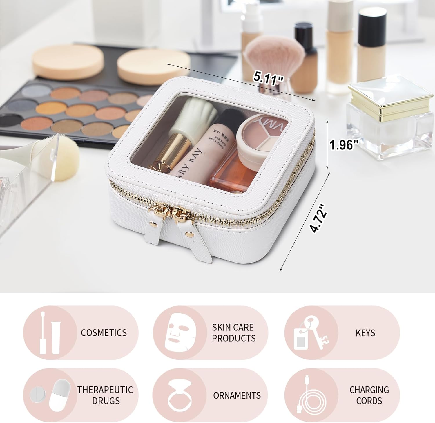 Clear Makeup Bag Set Portable Travel Cosmetic Bag and Toiletry Bag Women's Purse Pouch Cosmetic Stroage Organizer Bag with Zipper Car Essentials (White, M+Mini) - Image 3