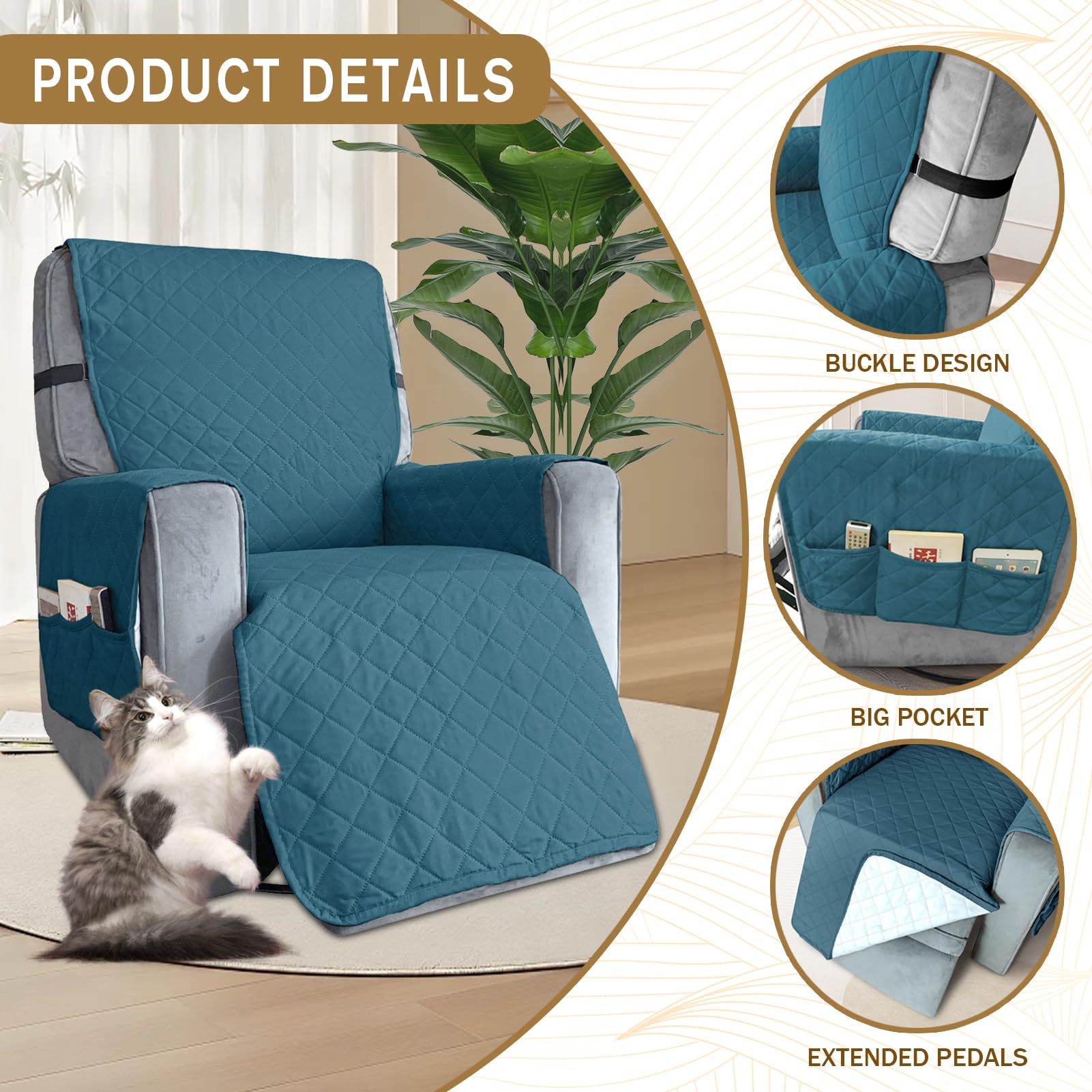 Waterproof Recliner Chair Cover with Pockets, Elastic Strap - Image 3