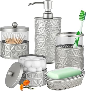Autumn Alley Brushed Nickel Bathroom Accessories Set, 5 Piece Champagne Nickel Modern Bathroom Decor - Soap Dispenser, Toothbrush Holder, 2 Apothecary Jars, Soap Holder, Farmhouse Bathroom Decor