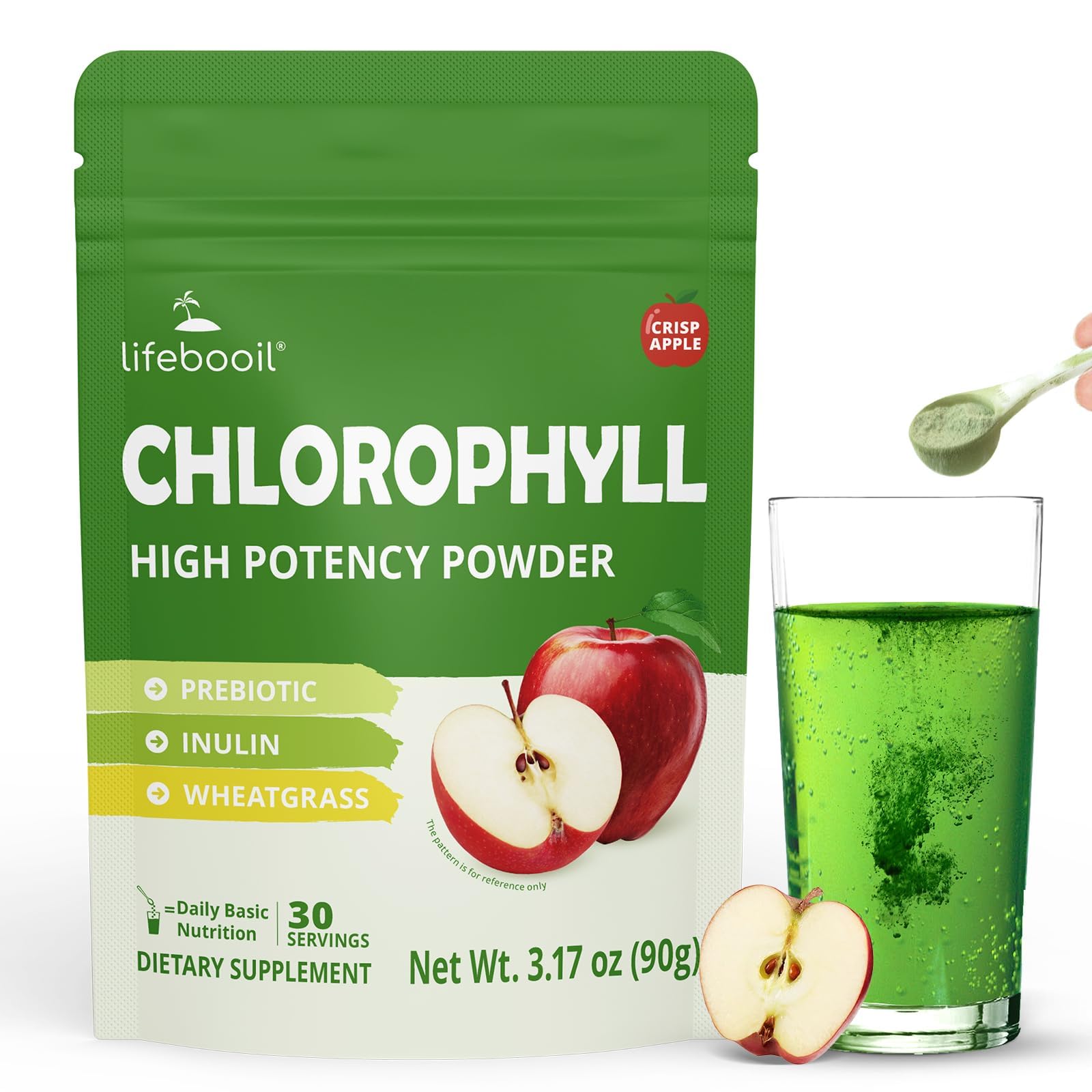 Lifebooil Suplemento de Clorofila em Pó, 120 mg, sabor maçã crocante, 30 porções