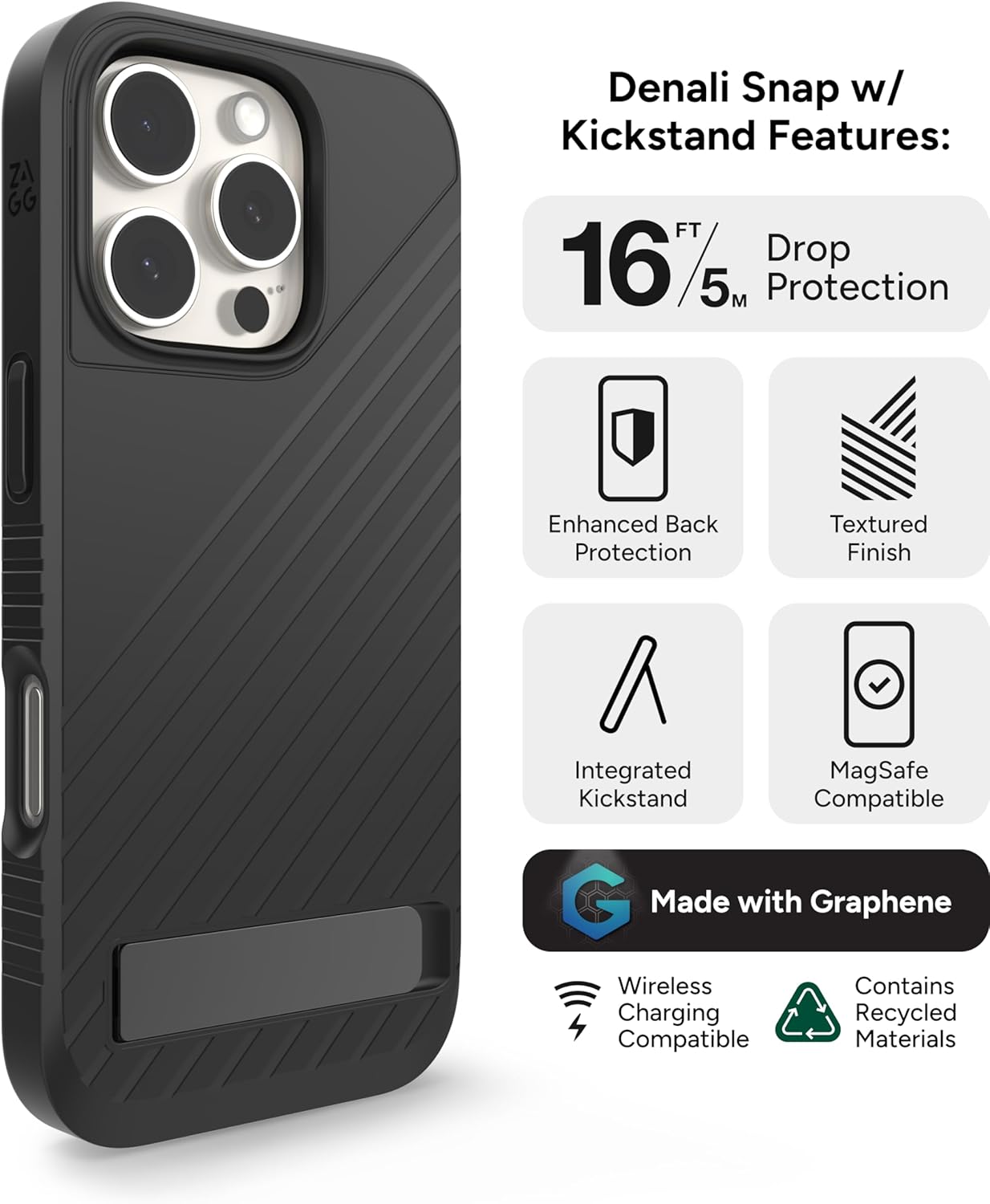 ZAGG Denali Snap with Kickstand for iPhone 16 Pro Case - 16ft Drop Protection, MagSafe & Wireless Charging Compatible, Graphene Reinforced, Dual Layer Protection, Recycled Materials, Black