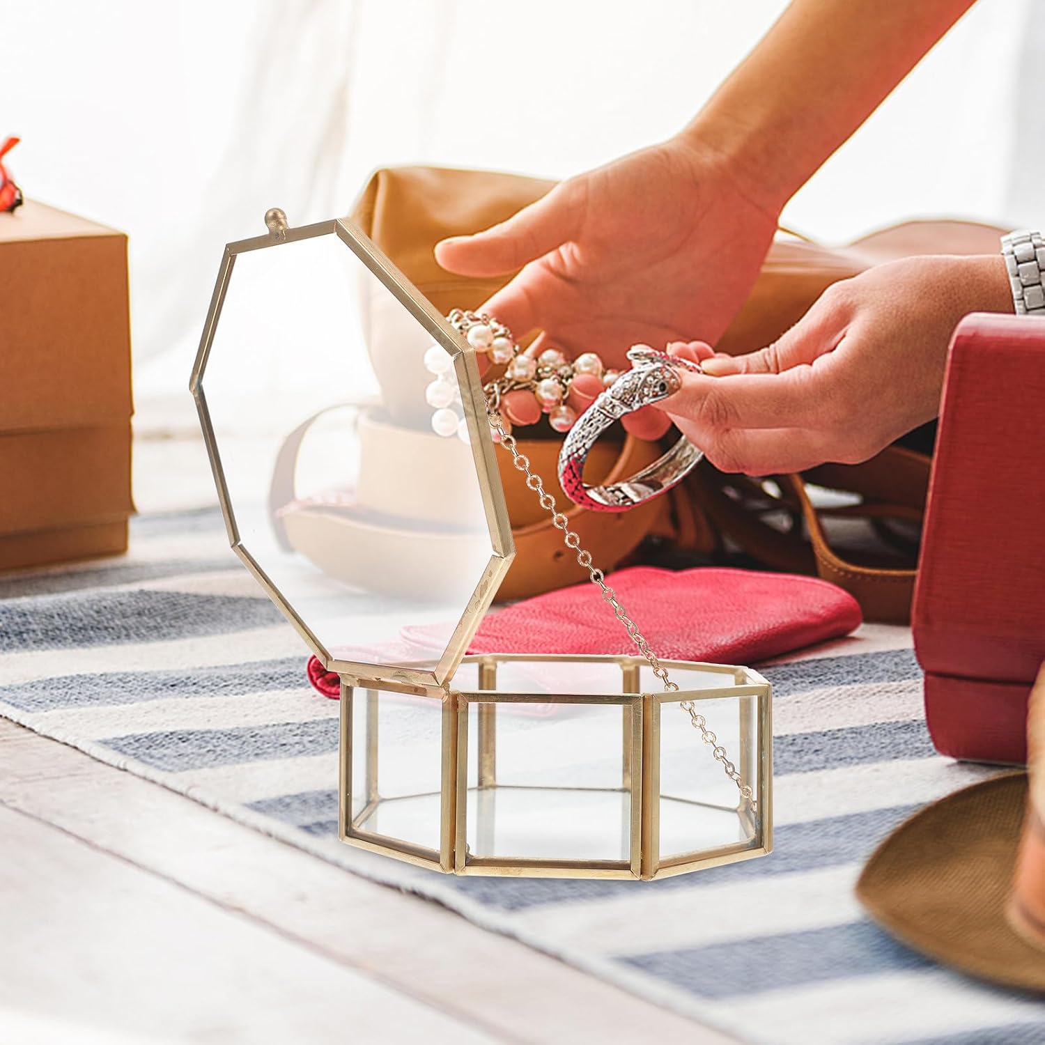 Luxury Octagonal Geometric Jewelry Box with Alloy Cover, Gold Desktop Ring and Earrings Storage Case Organizer for Small Items and Travel image 3